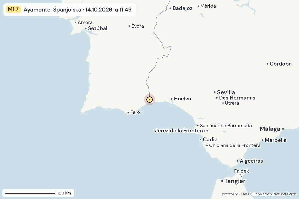 Karta: šire područje, 600 km, potres M1,7, Ayamonte, Španjolska, 14.10.2026.
