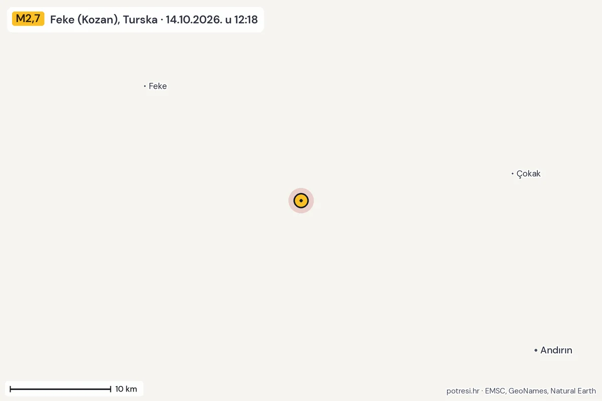 Karta: okolica epicentra, 60 km, potres M2,7, Feke (Kozan), Turska, 14.10.2026.