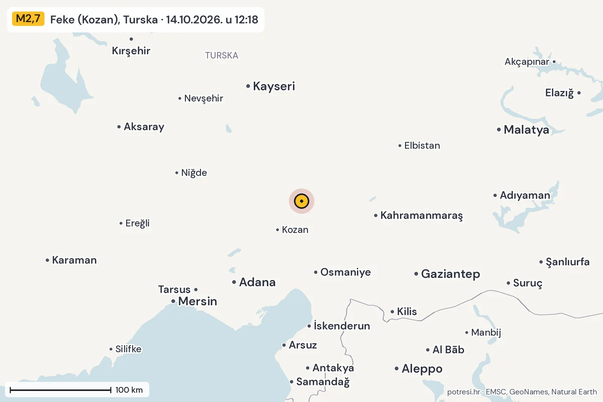 Karta: šire područje, 600 km, potres M2,7, Feke (Kozan), Turska, 14.10.2026.