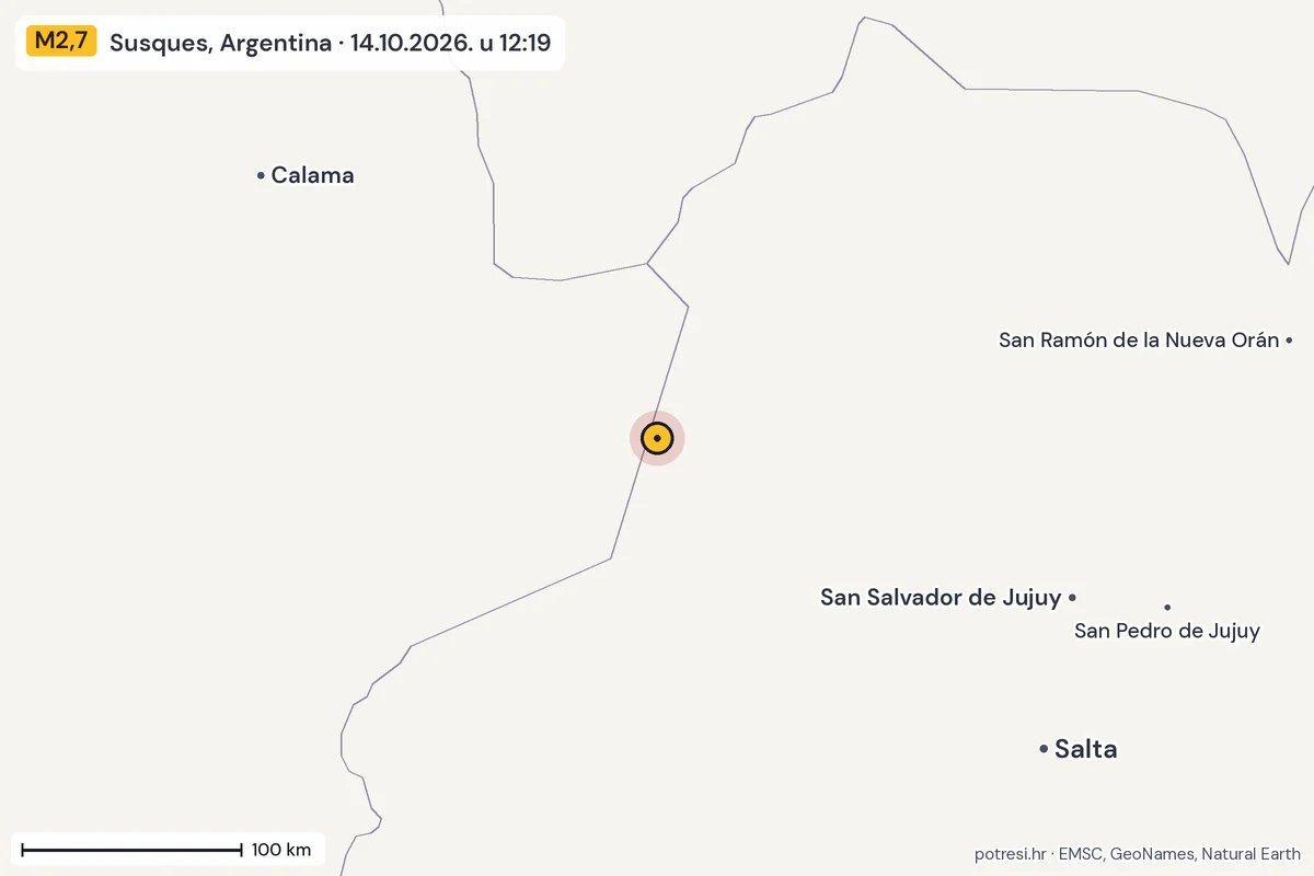 Karta: šire područje, 600 km, potres M2,7, Susques, Argentina, 14.10.2026.