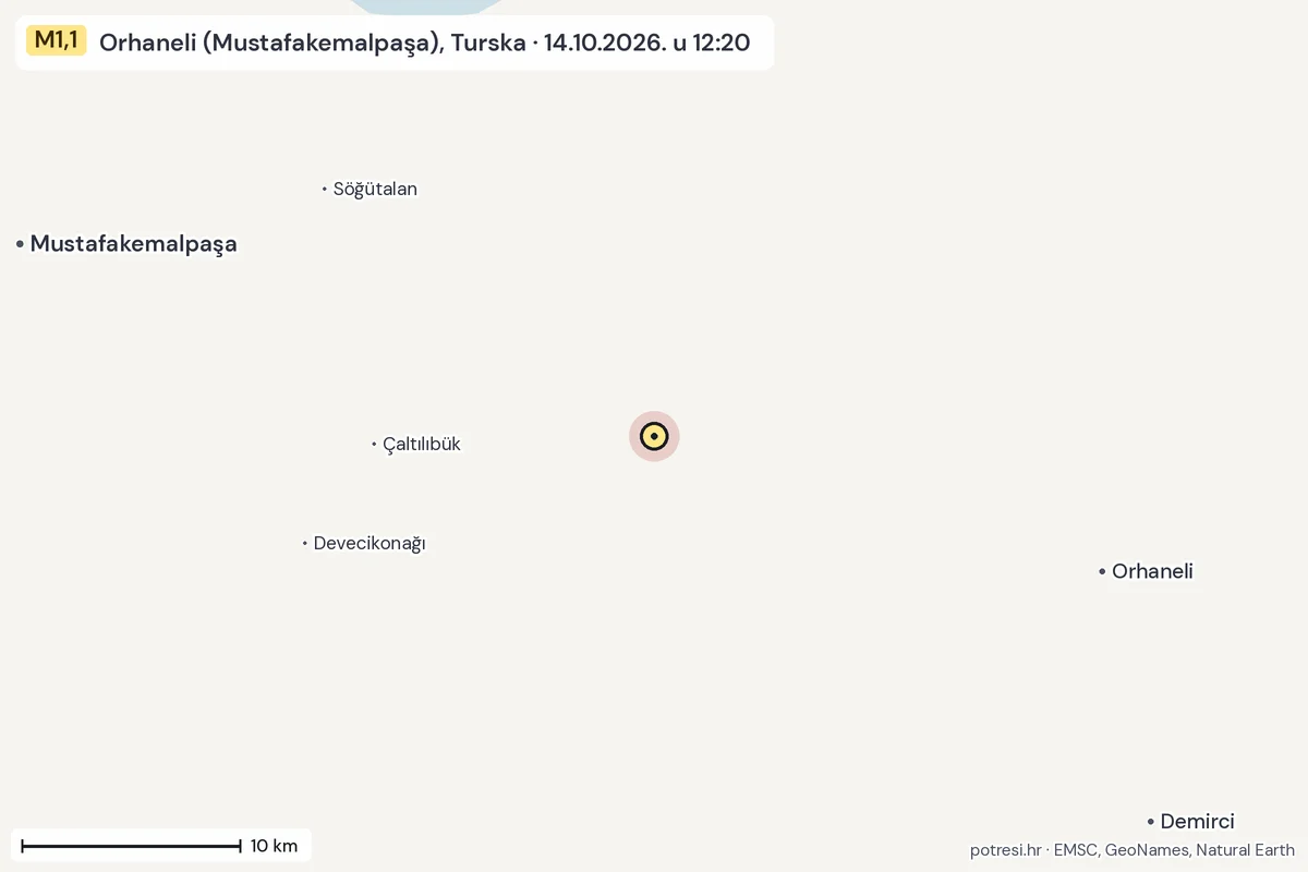 Karta: okolica epicentra, 60 km, potres M1,1, Orhaneli (Mustafakemalpaşa), Turska, 14.10.2026.