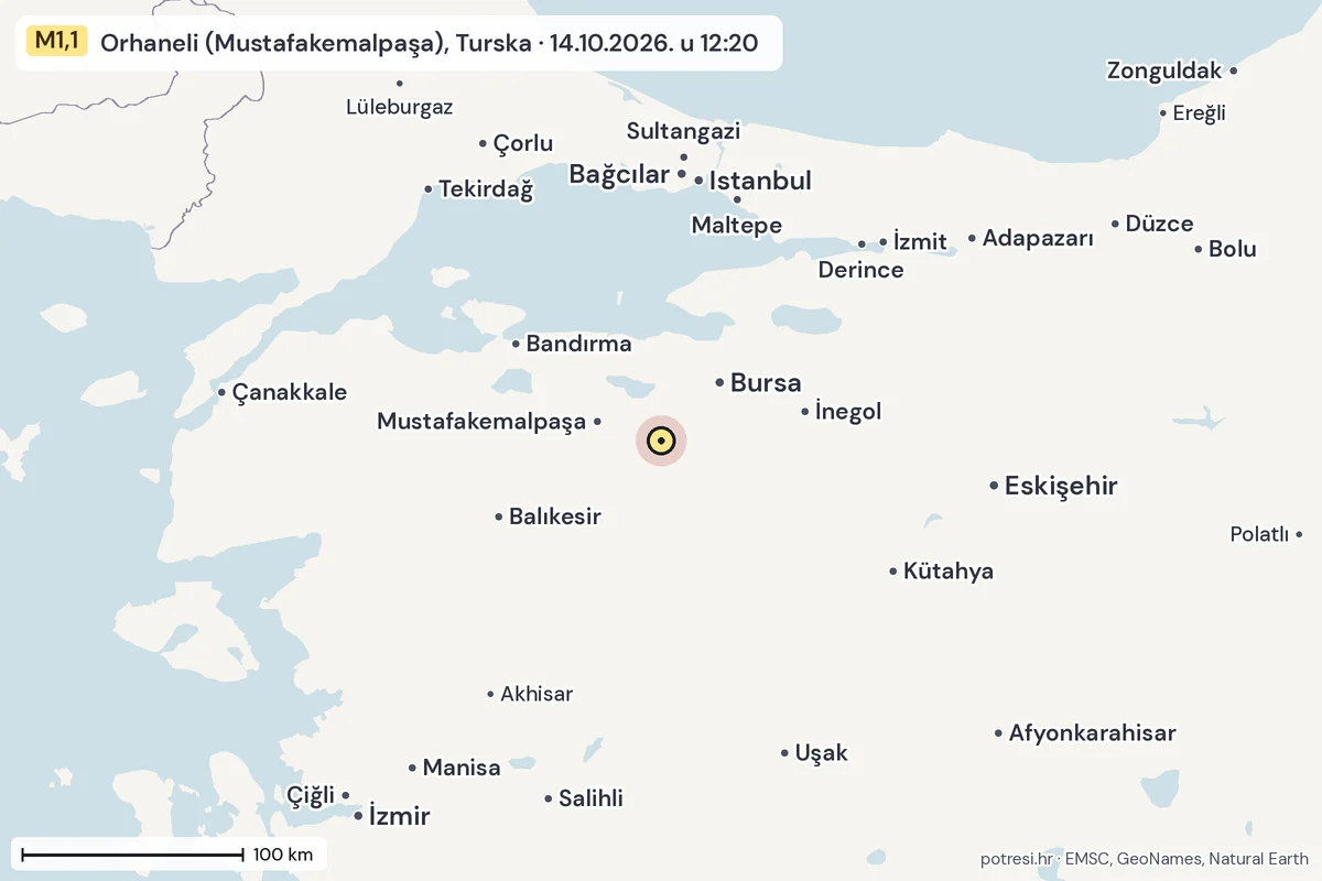 Karta: šire područje, 600 km, potres M1,1, Orhaneli (Mustafakemalpaşa), Turska, 14.10.2026.