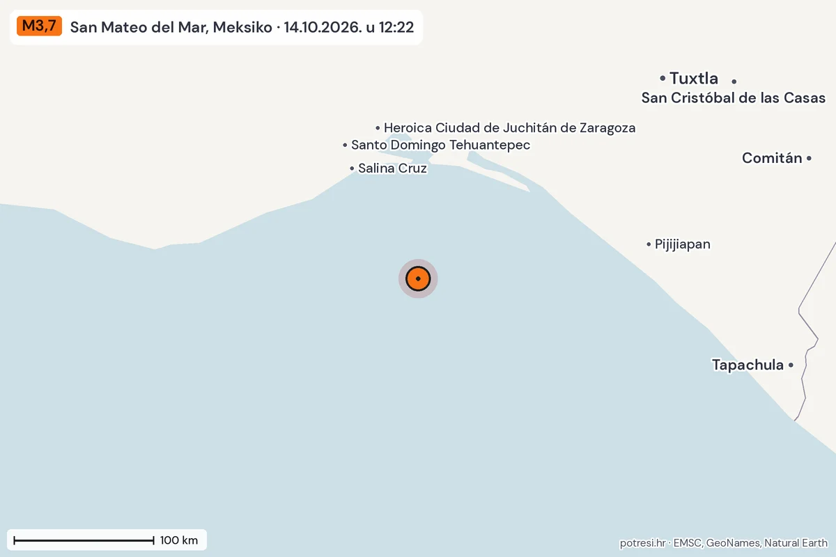 Karta: šire područje, 600 km, potres M3,7, San Mateo del Mar, Meksiko, 14.10.2026.