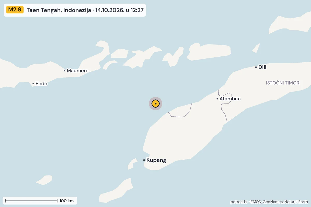 Karta: šire područje, 600 km, potres M2,9, Taen Tengah, Indonezija, 14.10.2026.
