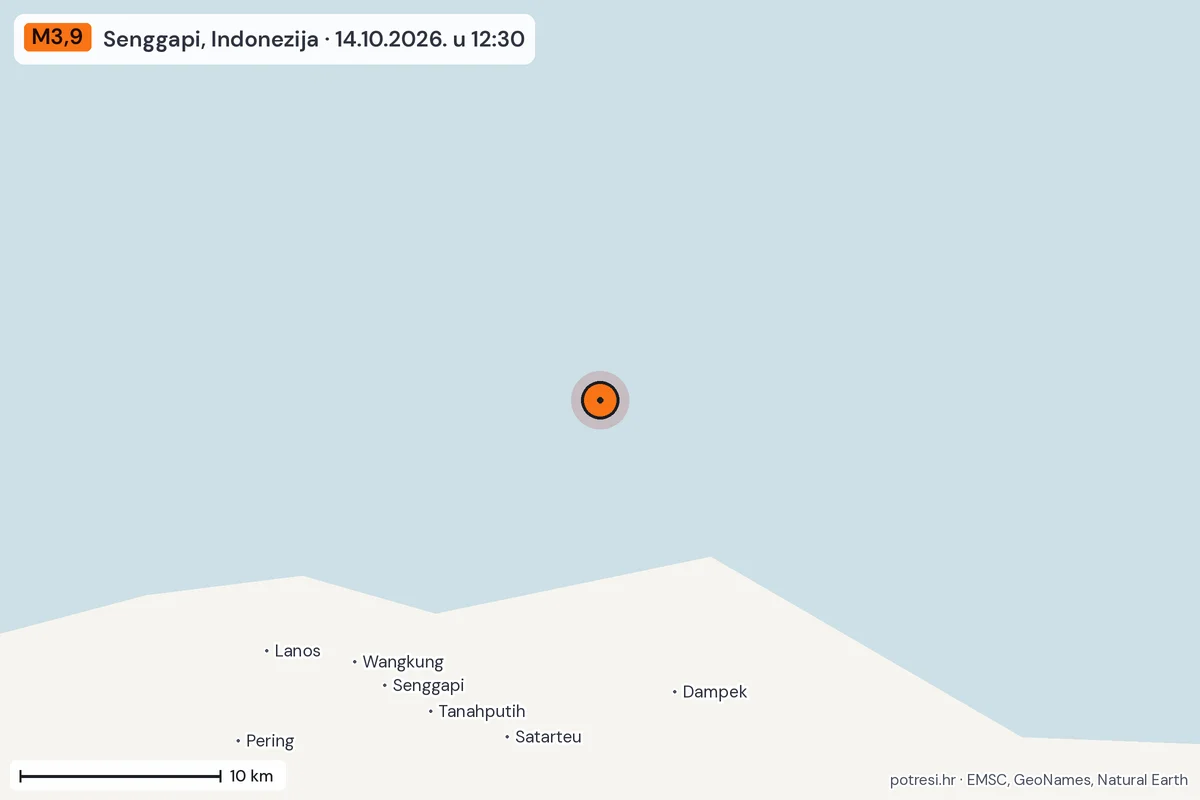 Karta: okolica epicentra, 60 km, potres M3,9, Senggapi, Indonezija, 14.10.2026.