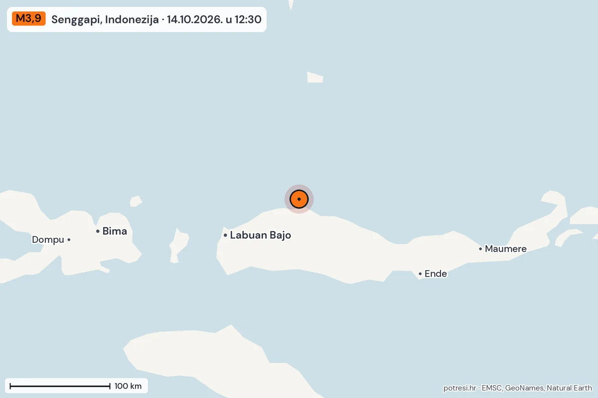 Karta: šire područje, 600 km, potres M3,9, Senggapi, Indonezija, 14.10.2026.