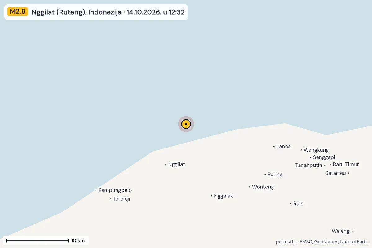 Karta: okolica epicentra, 60 km, potres M2,8, Nggilat (Ruteng), Indonezija, 14.10.2026.