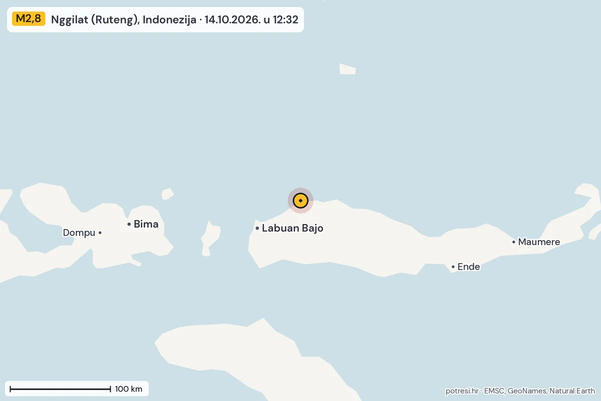 Karta: šire područje, 600 km, potres M2,8, Nggilat (Ruteng), Indonezija, 14.10.2026.