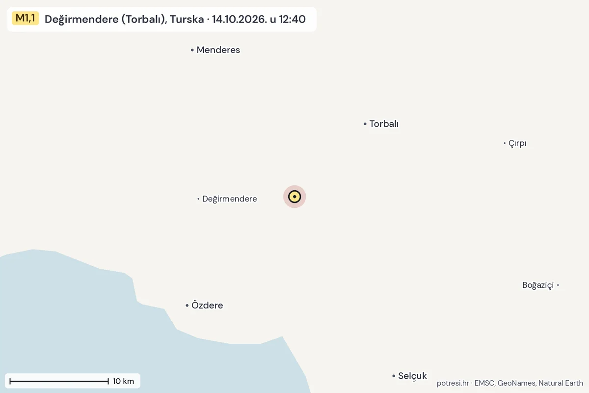 Karta: okolica epicentra, 60 km, potres M1,1, Değirmendere (Torbalı), Turska, 14.10.2026.