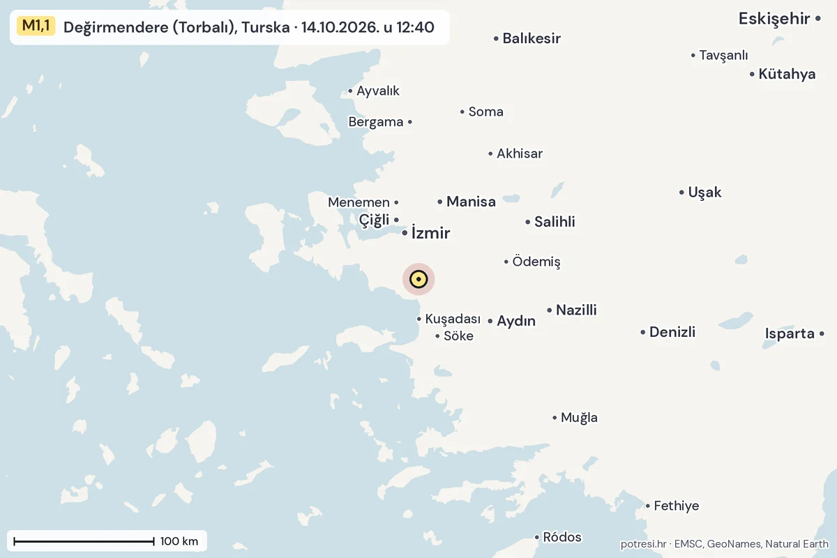 Karta: šire područje, 600 km, potres M1,1, Değirmendere (Torbalı), Turska, 14.10.2026.