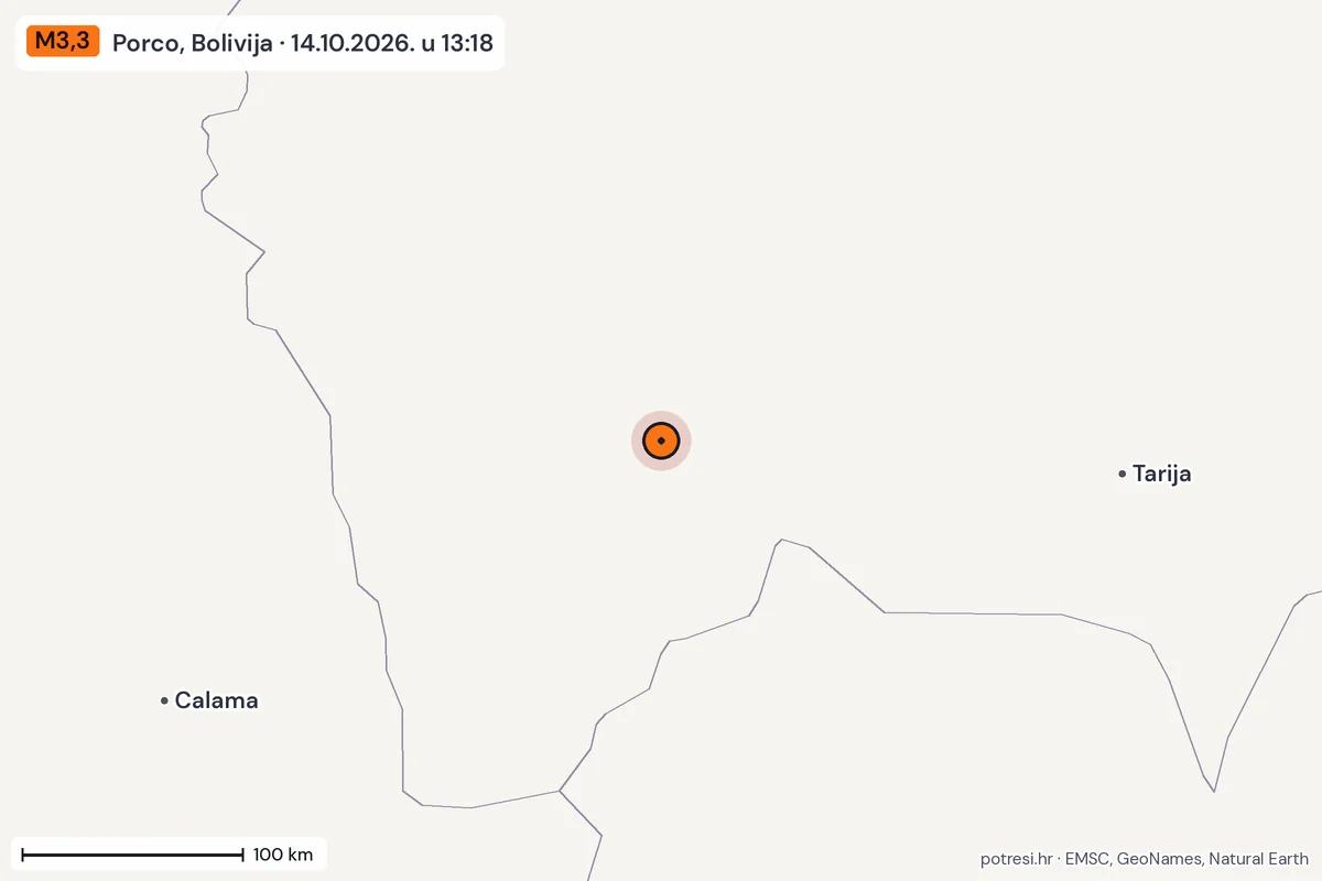 Karta: šire područje, 600 km, potres M3,3, Porco, Bolivija, 14.10.2026.