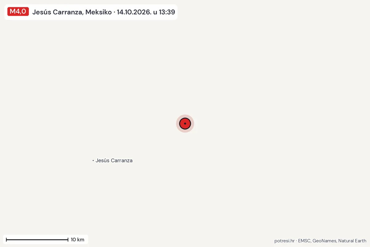 Karta: okolica epicentra, 60 km, potres M4,0, Jesús Carranza, Meksiko, 14.10.2026.