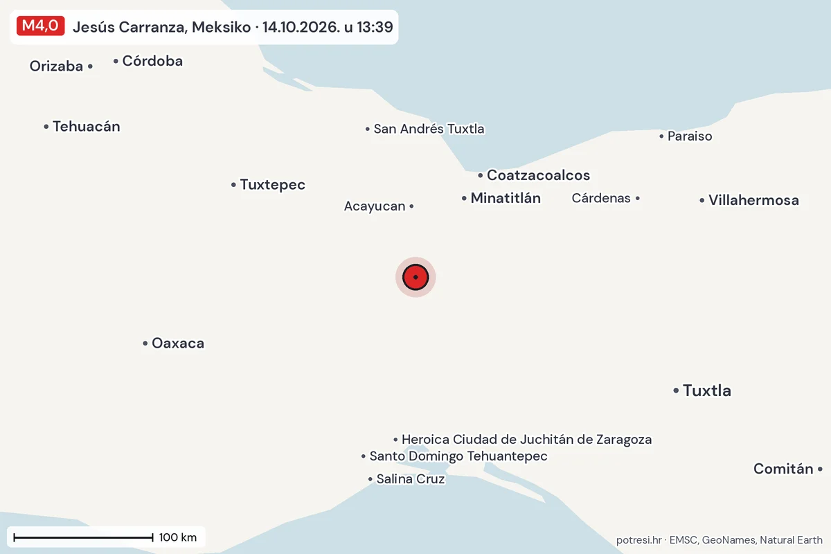 Karta: šire područje, 600 km, potres M4,0, Jesús Carranza, Meksiko, 14.10.2026.