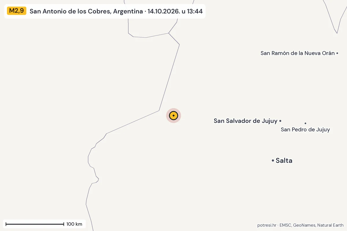 Karta: šire područje, 600 km, potres M2,9, San Antonio de los Cobres, Argentina, 14.10.2026.