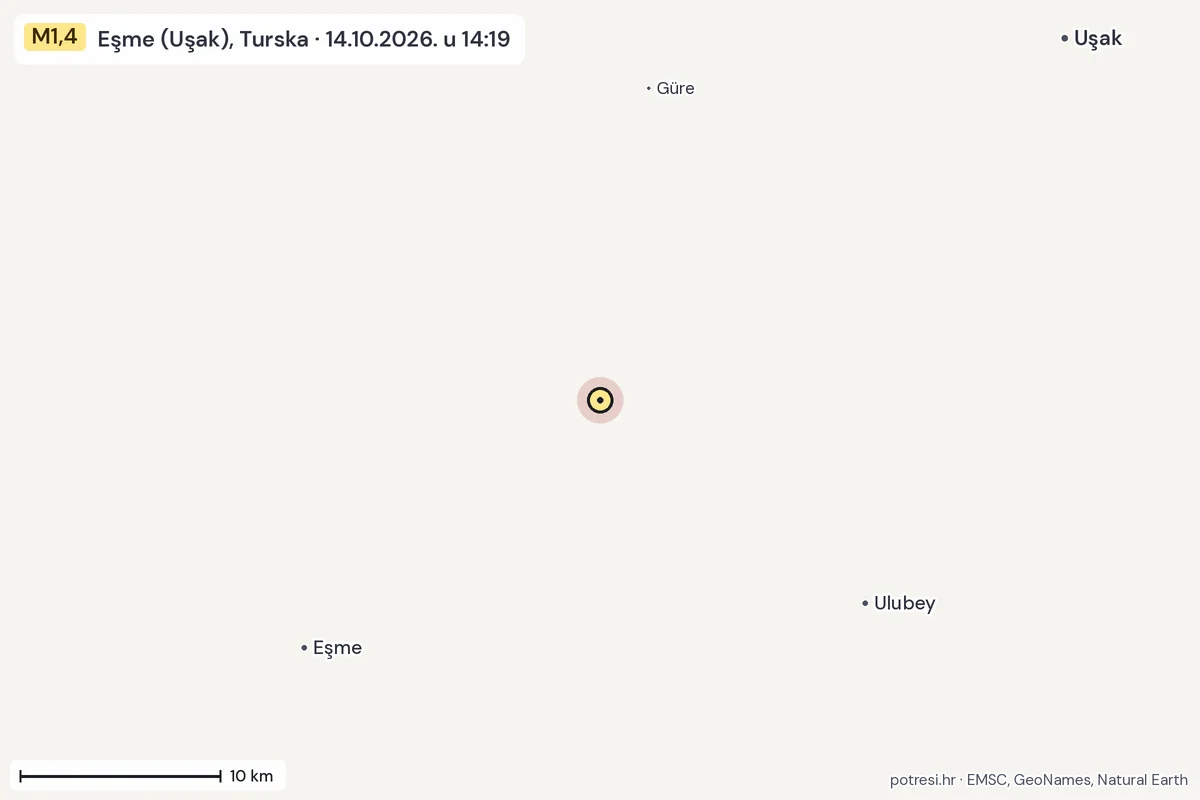 Karta: okolica epicentra, 60 km, potres M1,4, Eşme (Uşak), Turska, 14.10.2026.