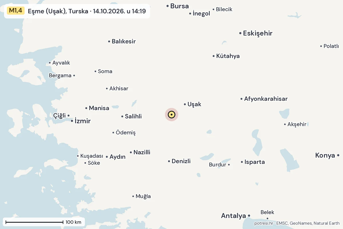 Karta: šire područje, 600 km, potres M1,4, Eşme (Uşak), Turska, 14.10.2026.