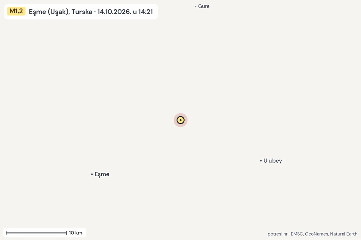 Karta: okolica epicentra, 60 km, potres M1,2, Eşme (Uşak), Turska, 14.10.2026.