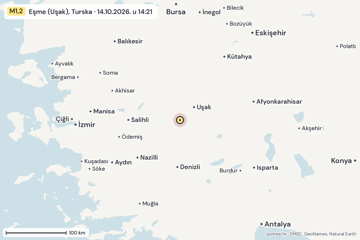 Karta: šire područje, 600 km, potres M1,2, Eşme (Uşak), Turska, 14.10.2026.