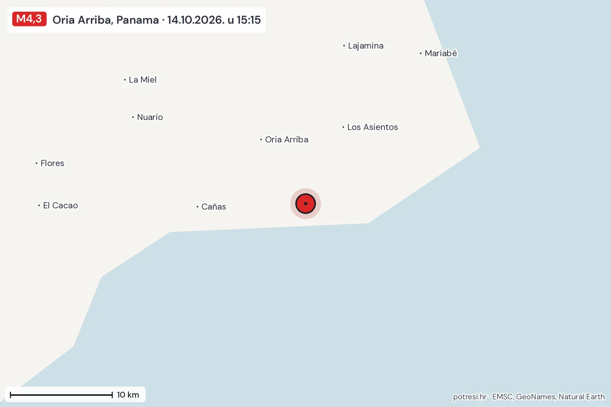 Karta: okolica epicentra, 60 km, potres M4,3, Oria Arriba, Panama, 14.10.2026.