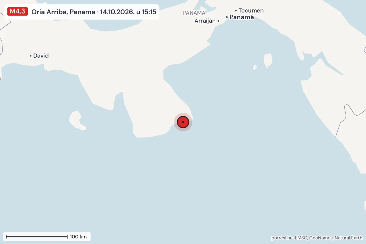 Karta: šire područje, 600 km, potres M4,3, Oria Arriba, Panama, 14.10.2026.