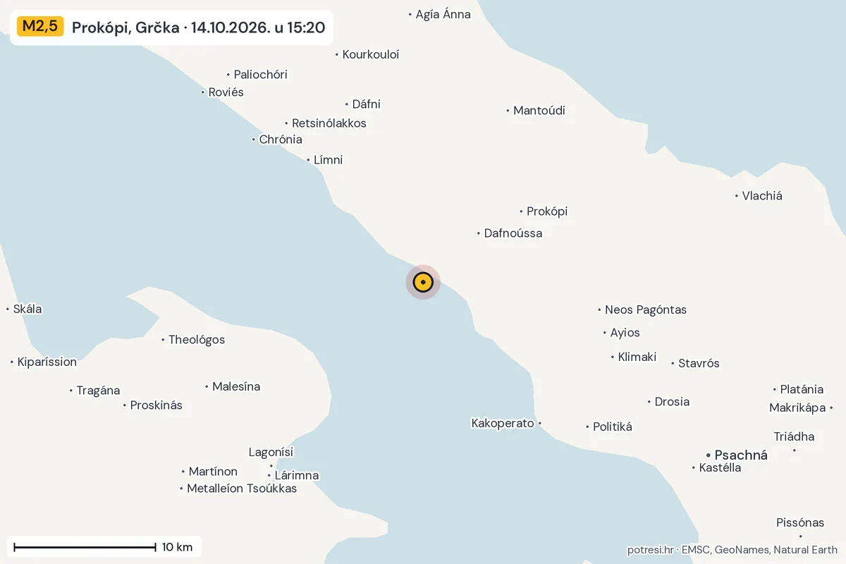 Karta: okolica epicentra, 60 km, potres M2,5, Prokópi, Grčka, 14.10.2026.