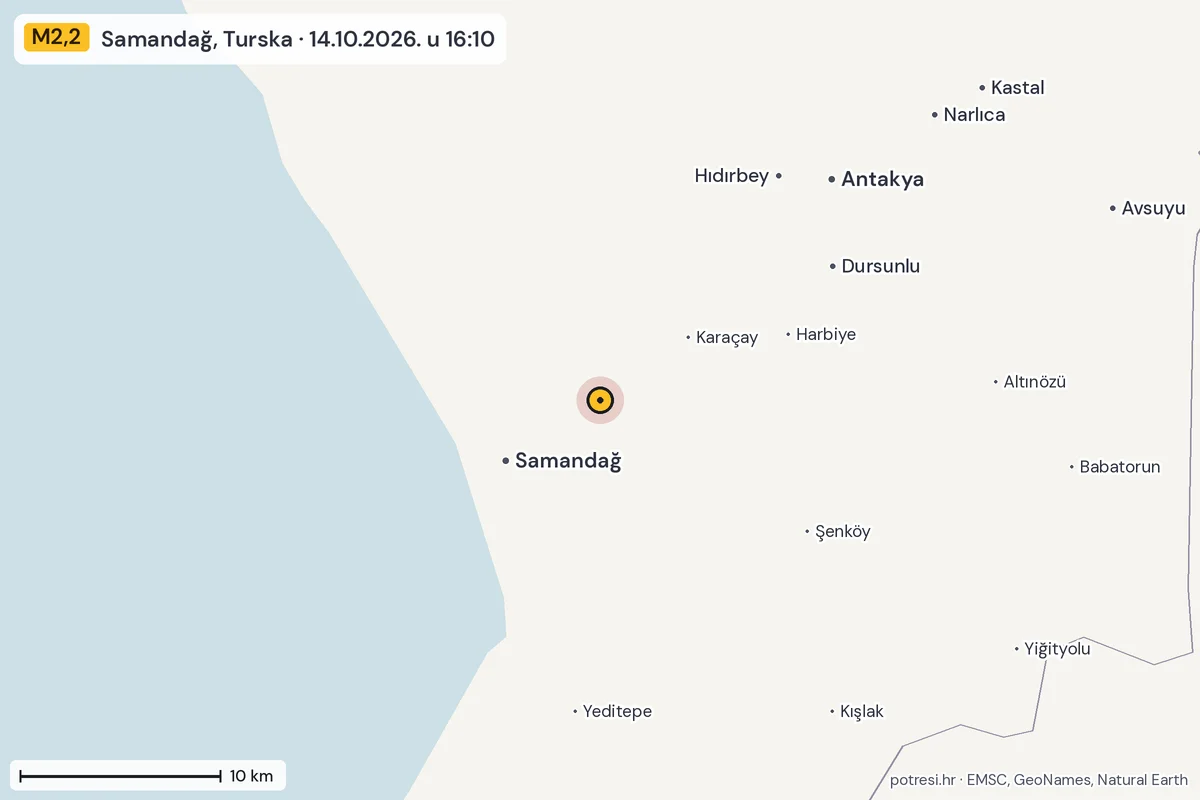 Karta: okolica epicentra, 60 km, potres M2,2, Samandağ, Turska, 14.10.2026.