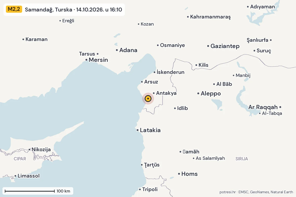 Karta: šire područje, 600 km, potres M2,2, Samandağ, Turska, 14.10.2026.