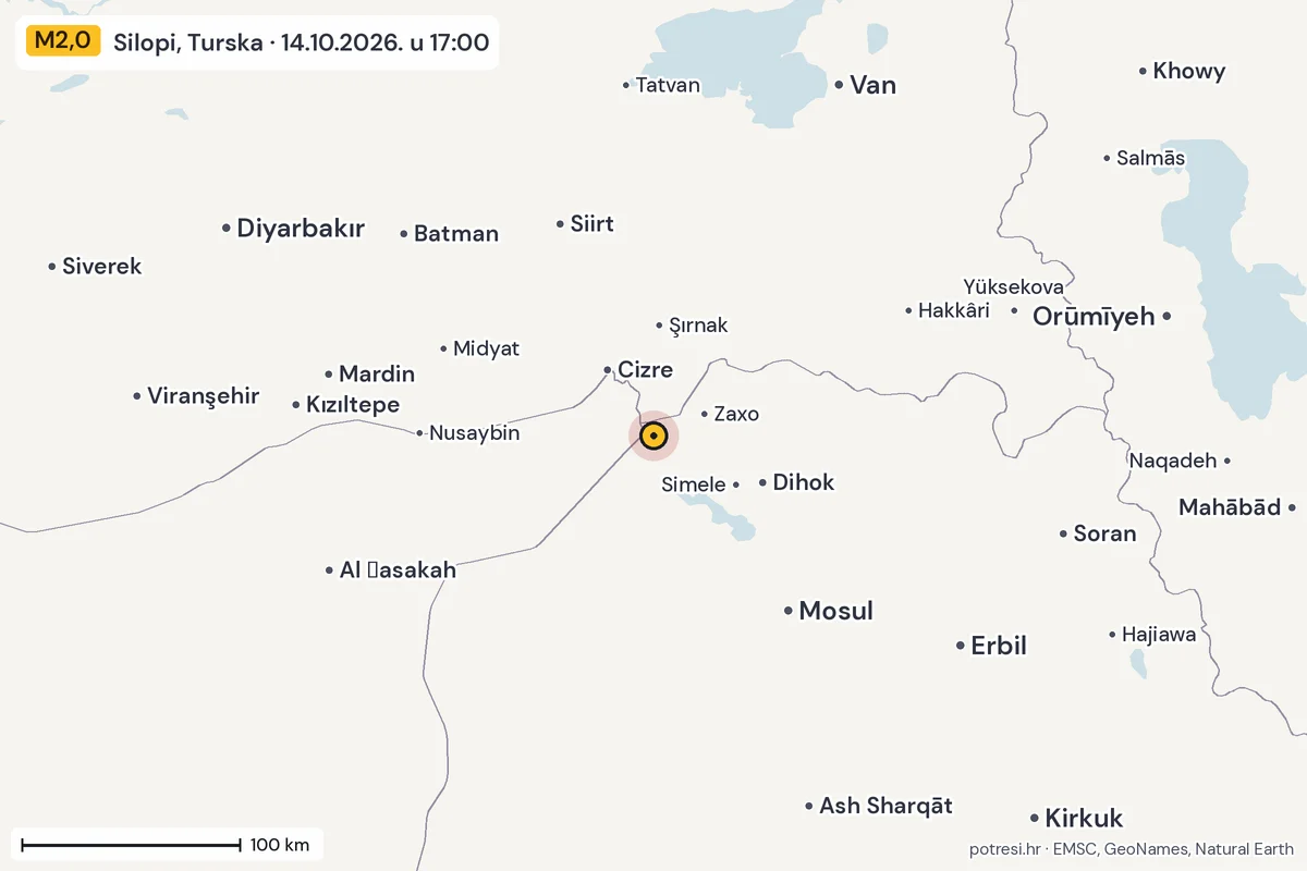 Karta: šire područje, 600 km, potres M2,0, Silopi, Turska, 14.10.2026.