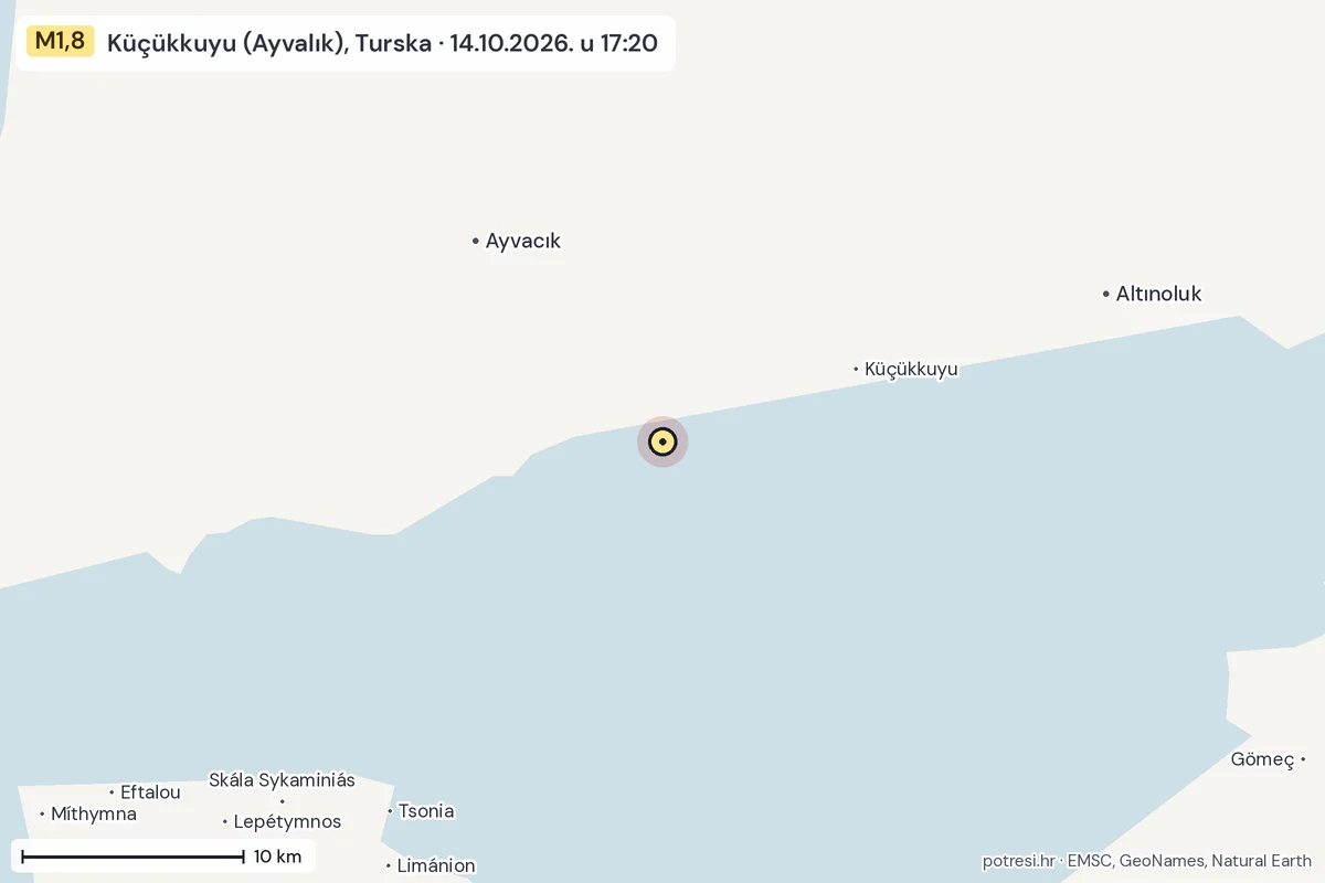 Karta: okolica epicentra, 60 km, potres M1,8, Küçükkuyu (Ayvalık), Turska, 14.10.2026.