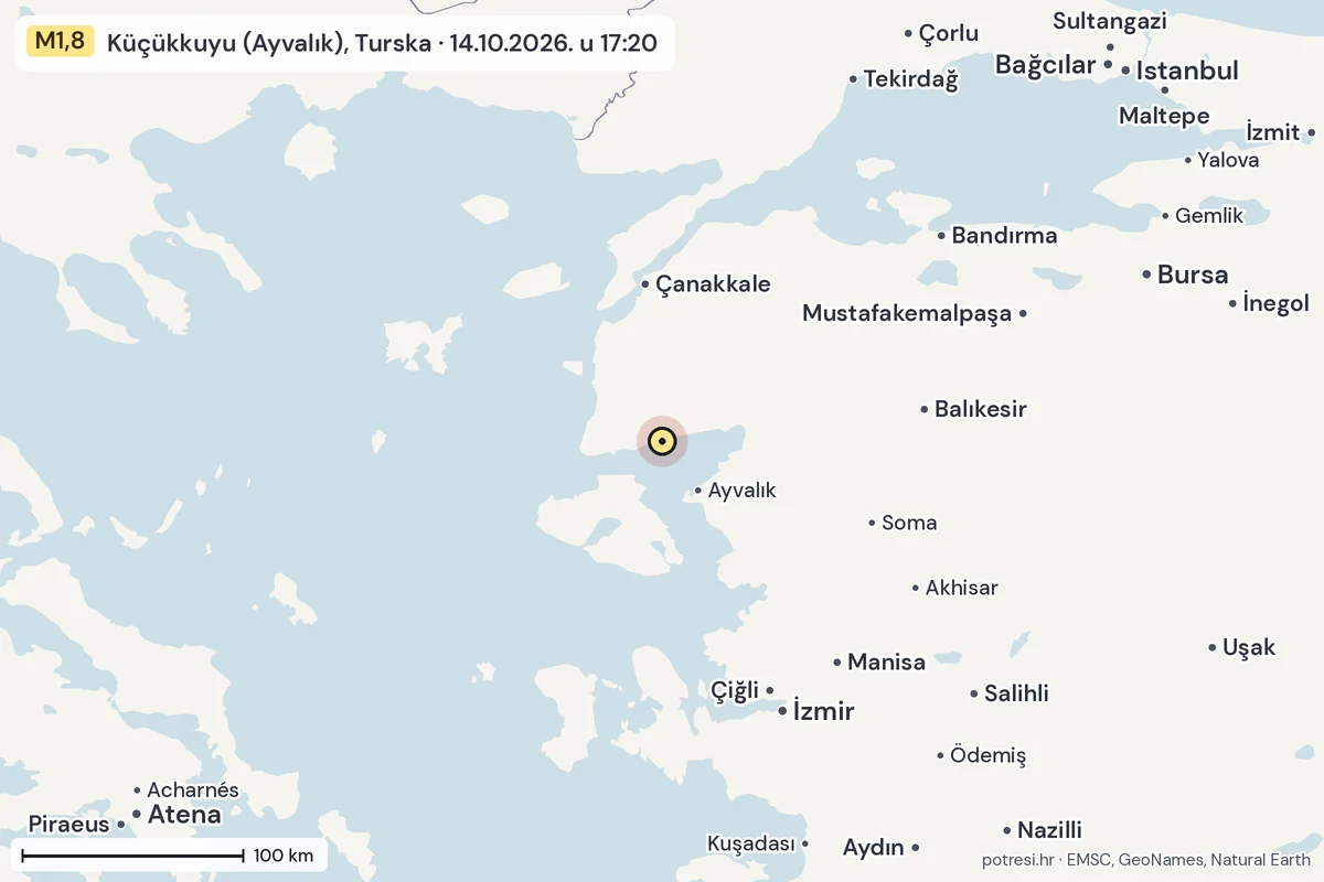 Karta: šire područje, 600 km, potres M1,8, Küçükkuyu (Ayvalık), Turska, 14.10.2026.