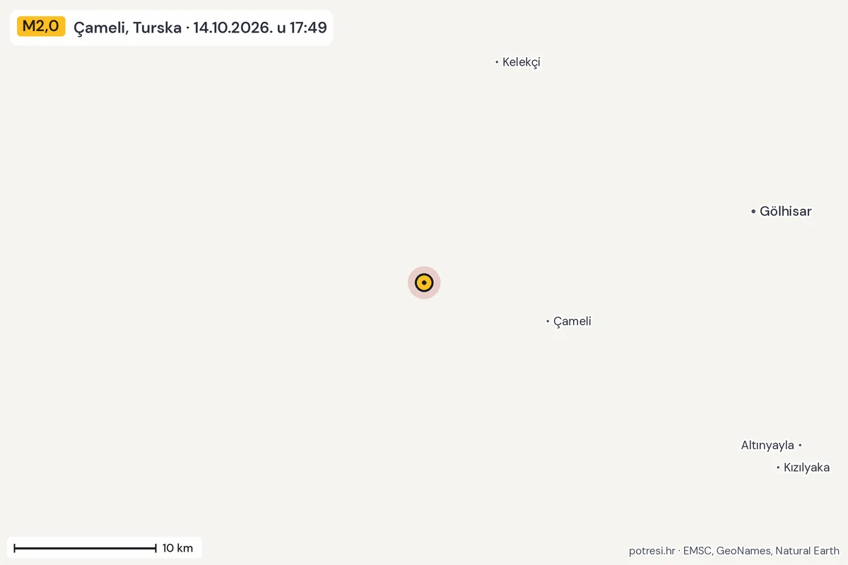Karta: okolica epicentra, 60 km, potres M2,0, Çameli, Turska, 14.10.2026.