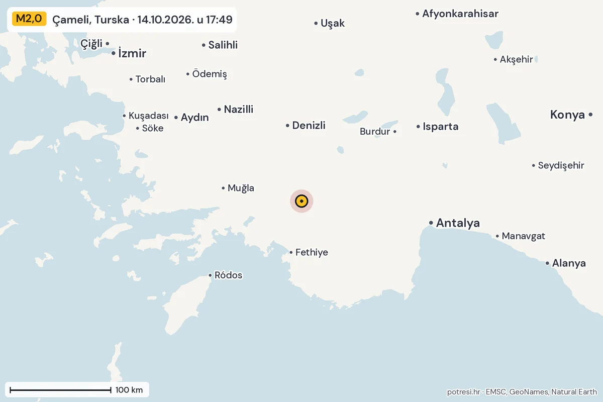 Karta: šire područje, 600 km, potres M2,0, Çameli, Turska, 14.10.2026.