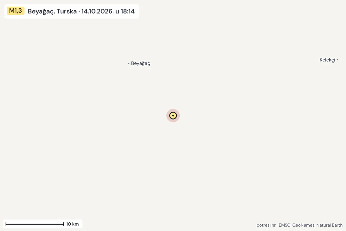 Karta: okolica epicentra, 60 km, potres M1,3, Beyağaç, Turska, 14.10.2026.