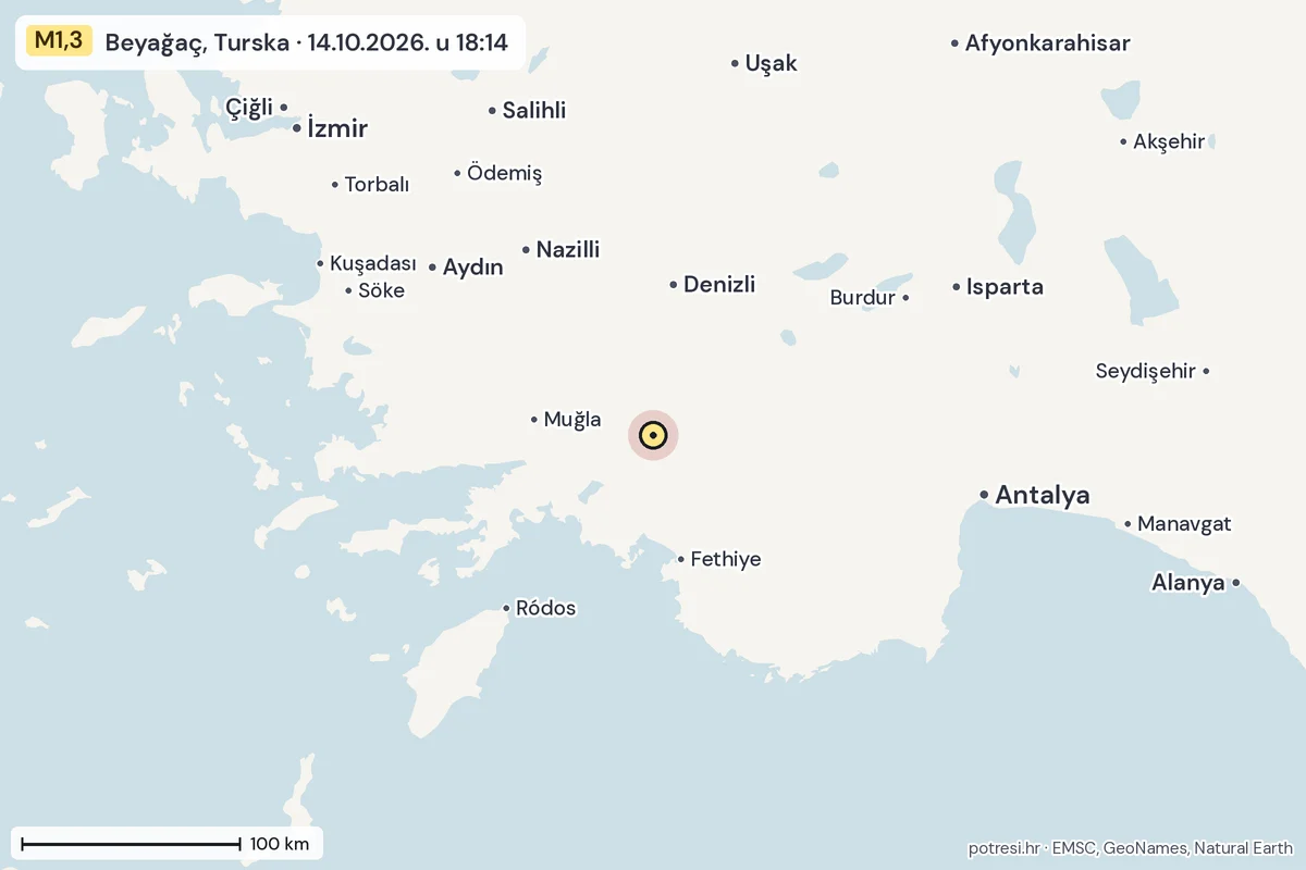 Karta: šire područje, 600 km, potres M1,3, Beyağaç, Turska, 14.10.2026.