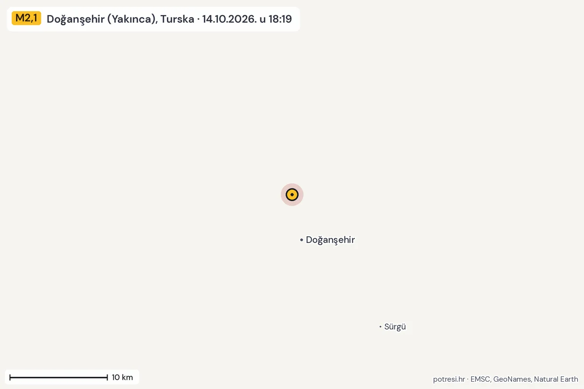 Karta: okolica epicentra, 60 km, potres M2,1, Doğanşehir (Yakınca), Turska, 14.10.2026.