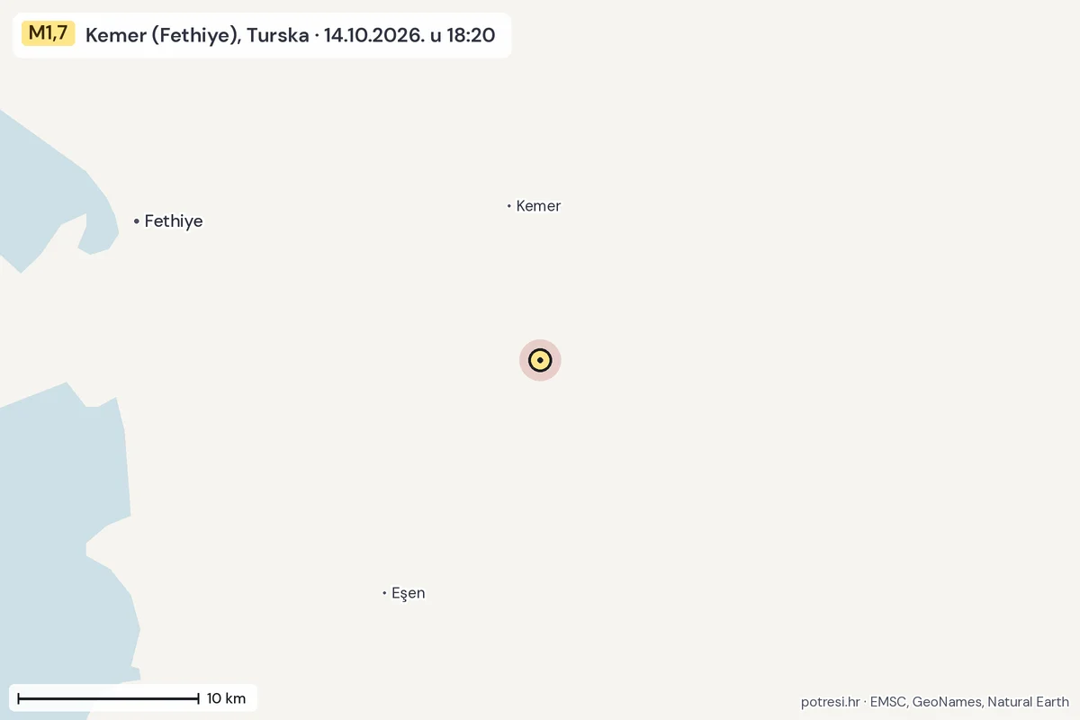 Karta: okolica epicentra, 60 km, potres M1,7, Kemer (Fethiye), Turska, 14.10.2026.