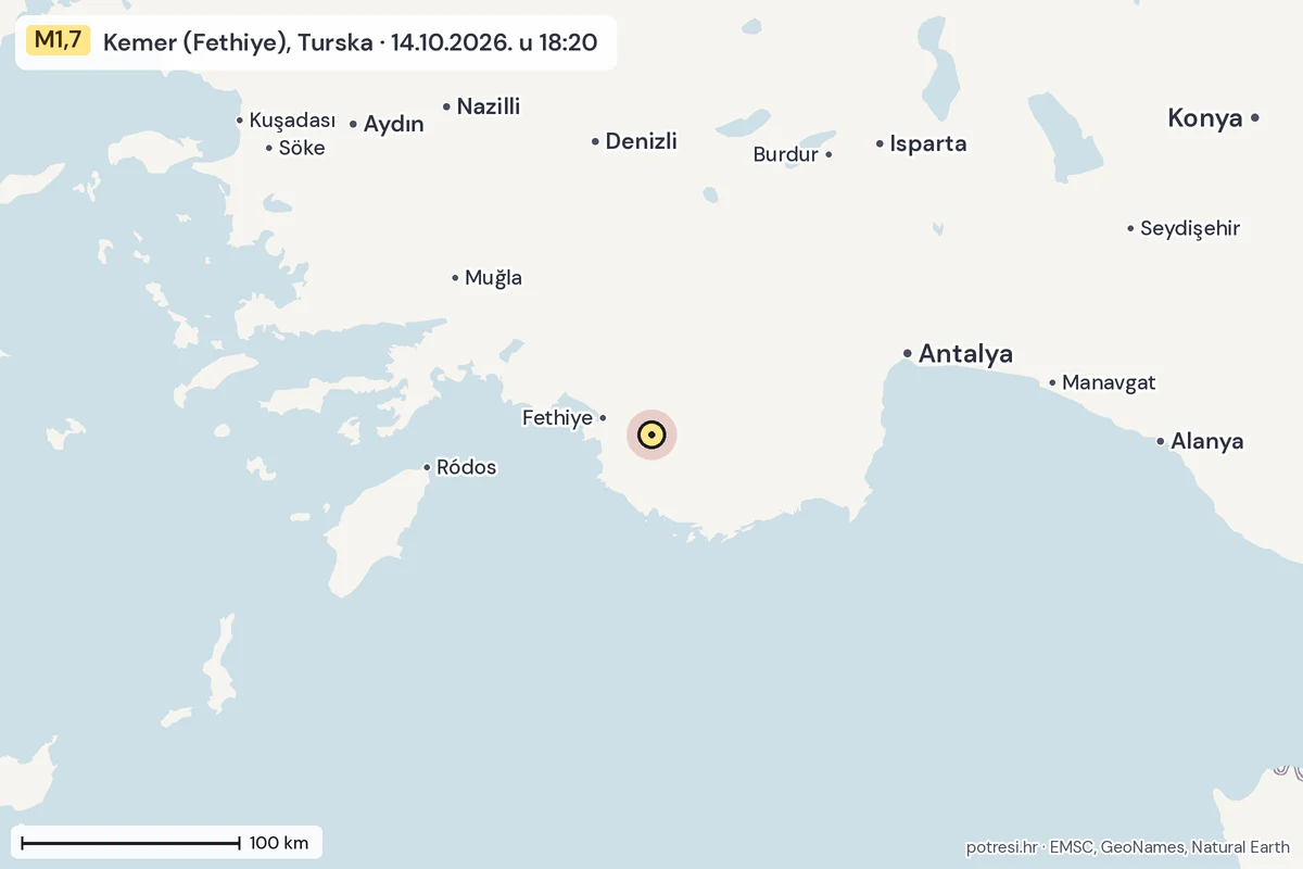 Karta: šire područje, 600 km, potres M1,7, Kemer (Fethiye), Turska, 14.10.2026.