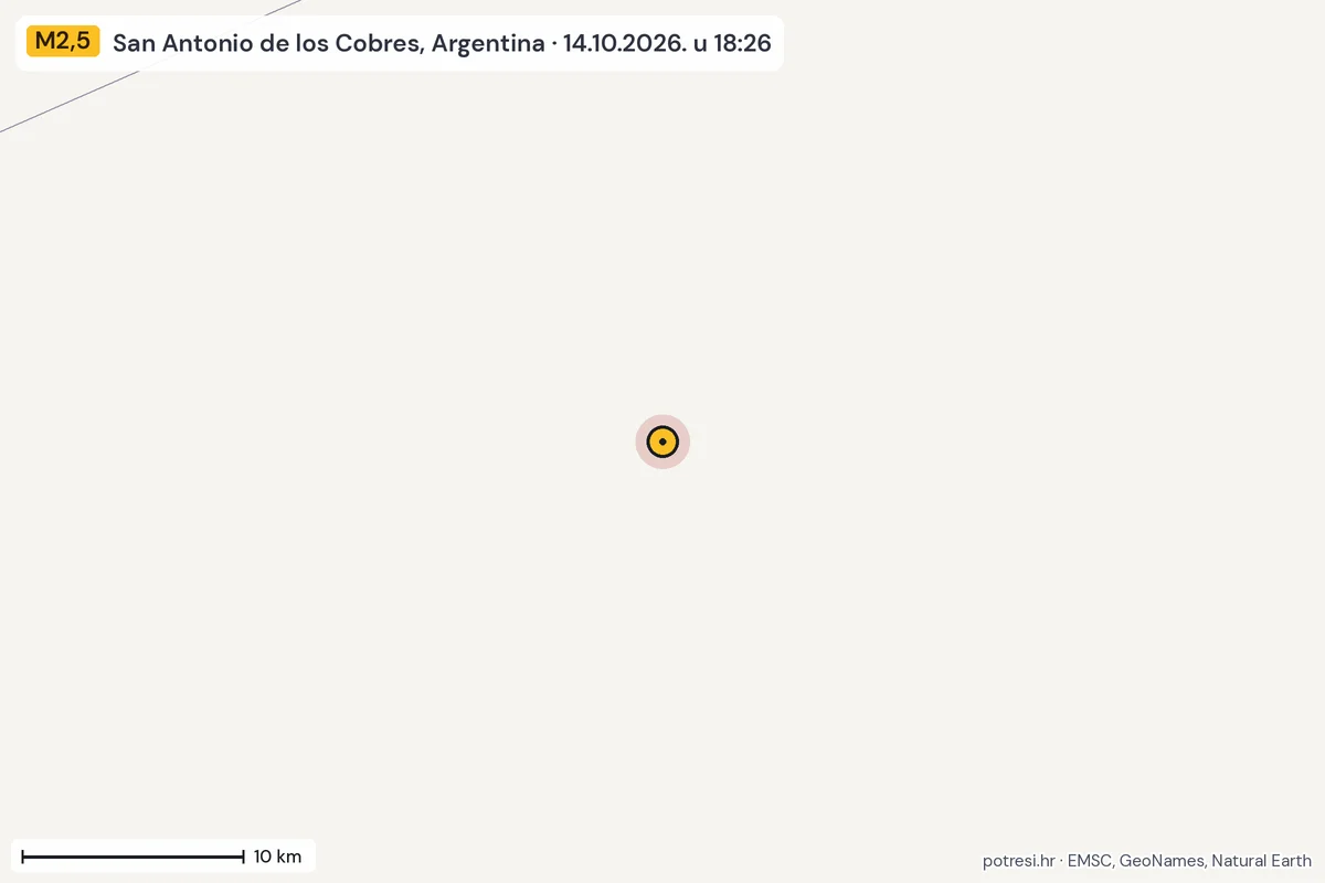 Karta: okolica epicentra, 60 km, potres M2,5, San Antonio de los Cobres, Argentina, 14.10.2026.