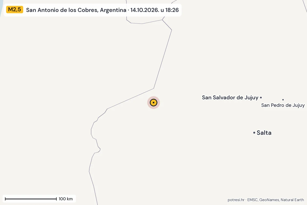 Karta: šire područje, 600 km, potres M2,5, San Antonio de los Cobres, Argentina, 14.10.2026.