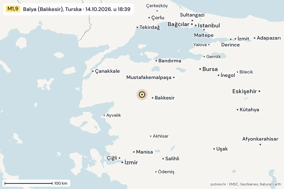 Karta: šire područje, 600 km, potres M1,9, Balya (Balıkesir), Turska, 14.10.2026.