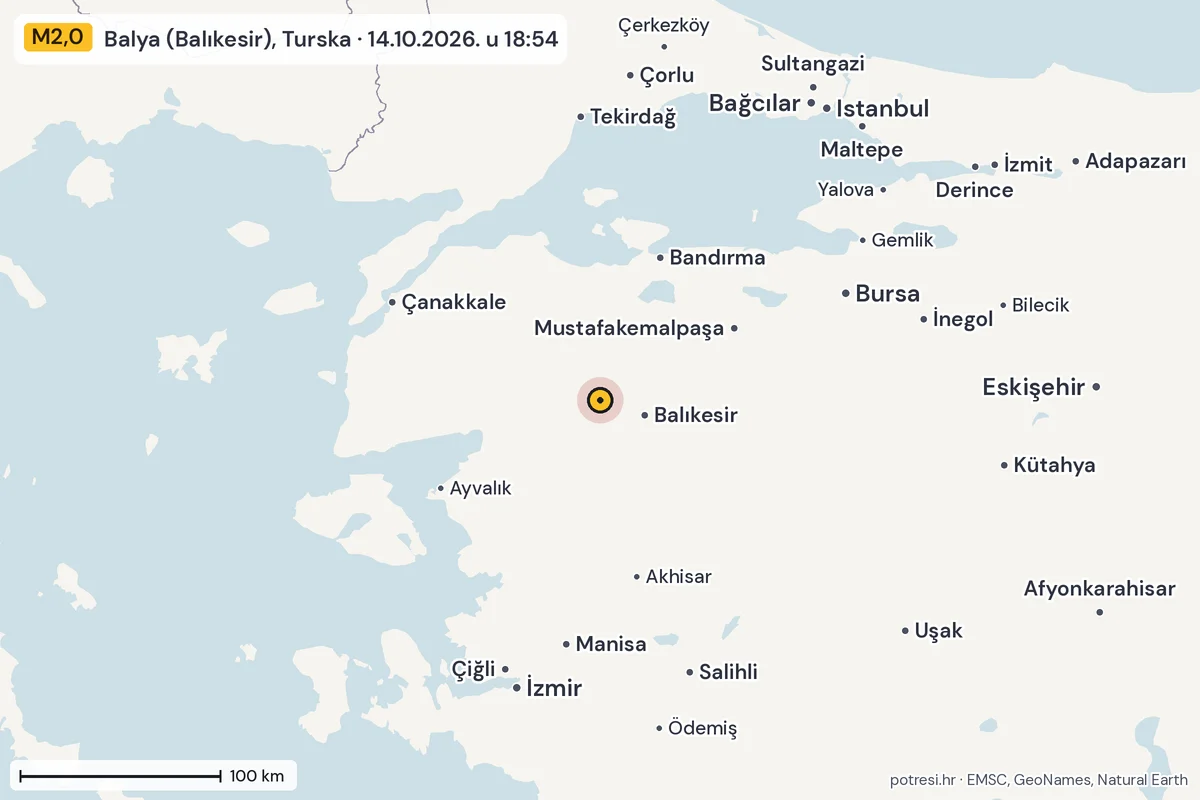 Karta: šire područje, 600 km, potres M2,0, Balya (Balıkesir), Turska, 14.10.2026.