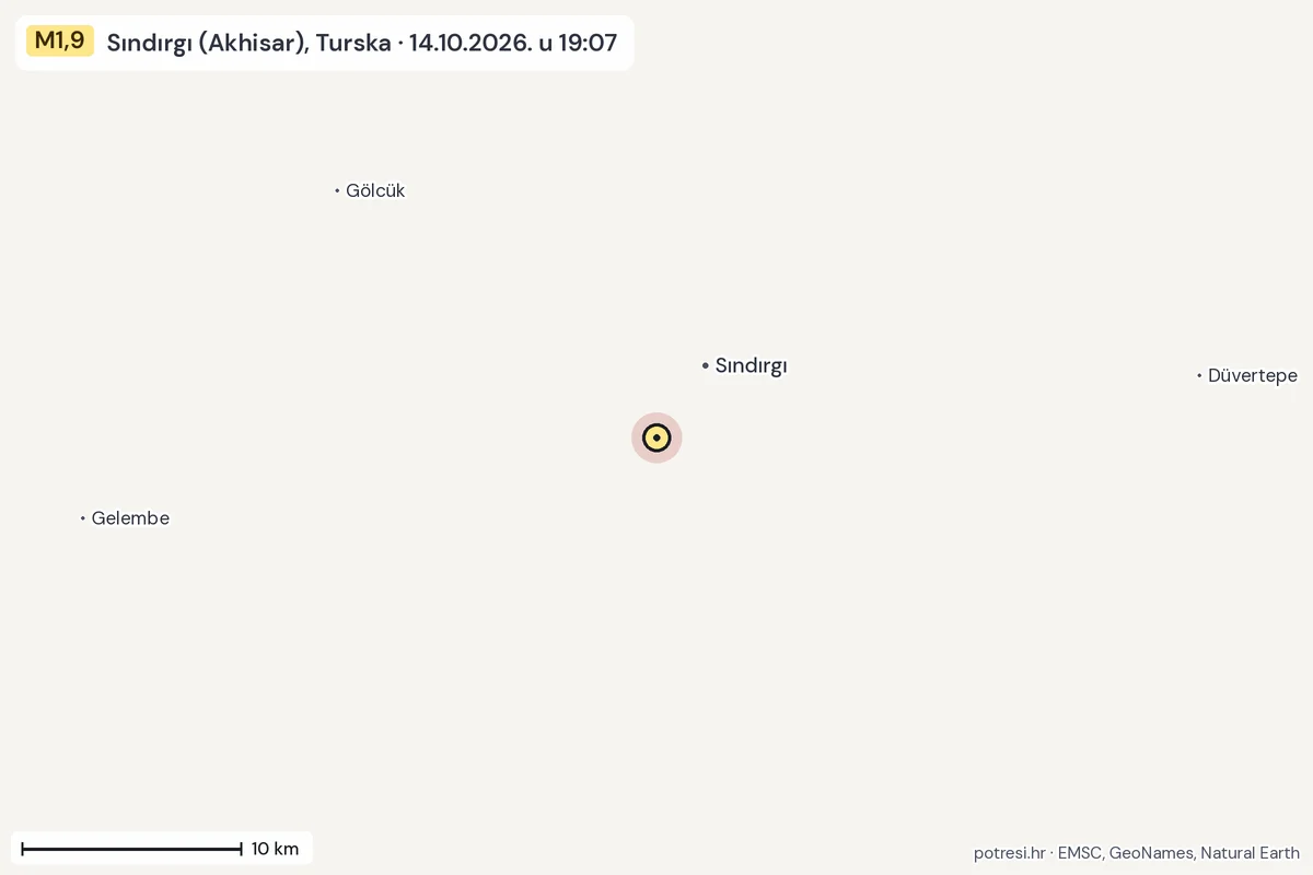Karta: okolica epicentra, 60 km, potres M1,9, Sındırgı (Akhisar), Turska, 14.10.2026.