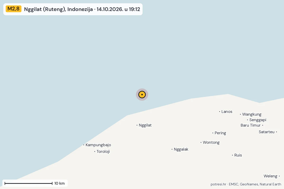 Karta: okolica epicentra, 60 km, potres M2,8, Nggilat (Ruteng), Indonezija, 14.10.2026.