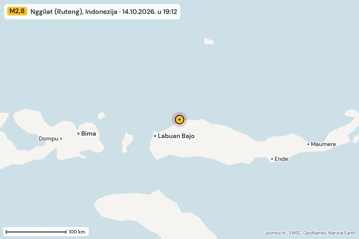 Karta: šire područje, 600 km, potres M2,8, Nggilat (Ruteng), Indonezija, 14.10.2026.