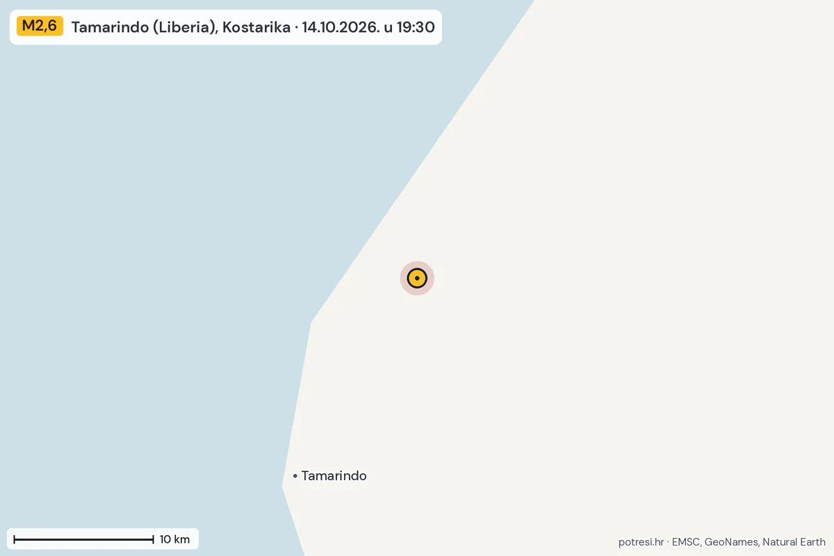 Karta: okolica epicentra, 60 km, potres M2,6, Tamarindo (Liberia), Kostarika, 14.10.2026.