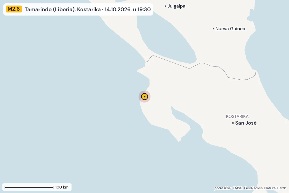 Karta: šire područje, 600 km, potres M2,6, Tamarindo (Liberia), Kostarika, 14.10.2026.