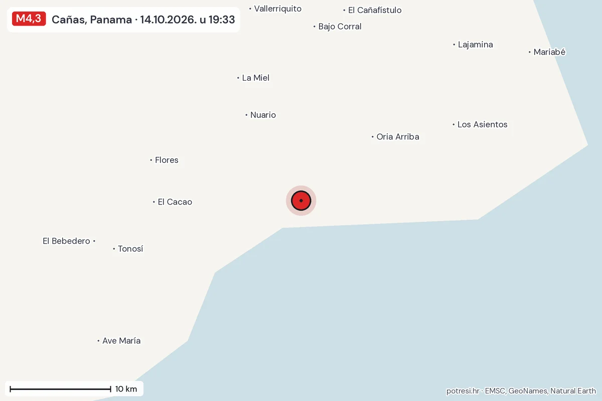 Karta: okolica epicentra, 60 km, potres M4,3, Cañas, Panama, 14.10.2026.