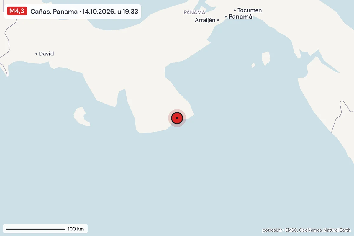 Karta: šire područje, 600 km, potres M4,3, Cañas, Panama, 14.10.2026.