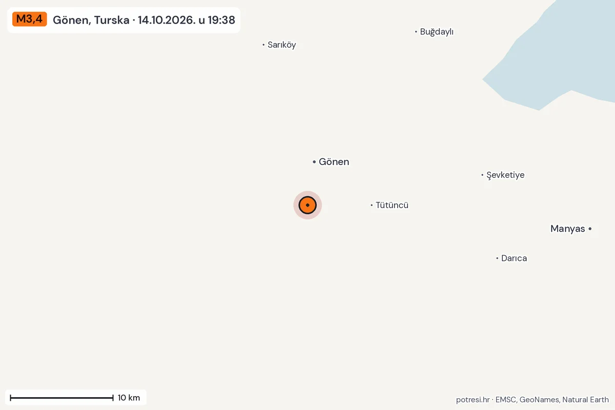 Karta: okolica epicentra, 60 km, potres M3,4, Gönen, Turska, 14.10.2026.