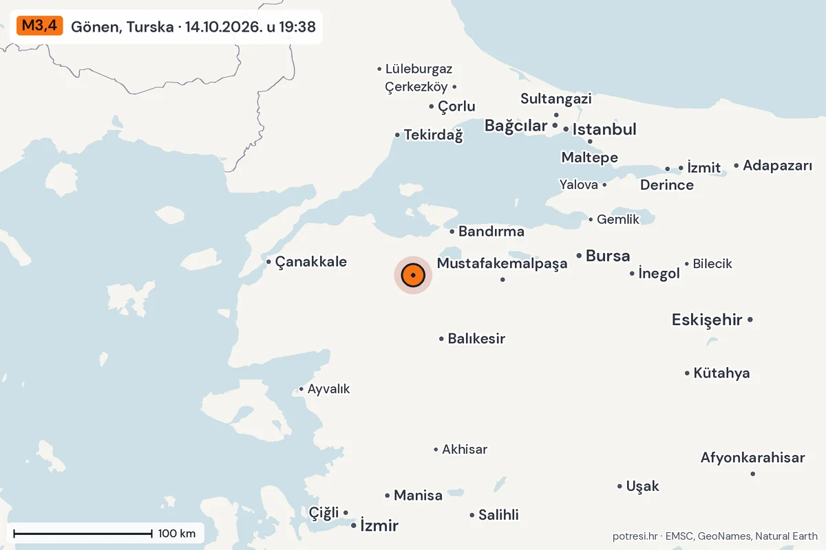 Karta: šire područje, 600 km, potres M3,4, Gönen, Turska, 14.10.2026.